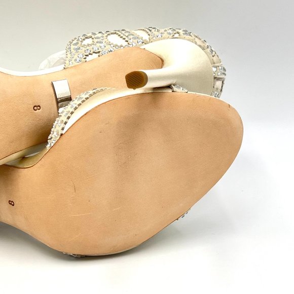 Badgley Mischka‎ Size 8 Roxy Jeweled Ivory Satin Open Toe Heels Pumps Shoes - Picture 11 of 13